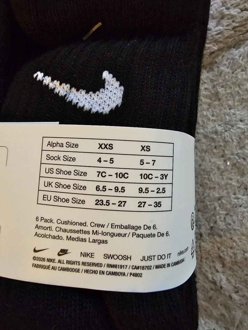 Nike Black Crew Cushioned Athletic Socks — 6 Pack Size 7c-10c
